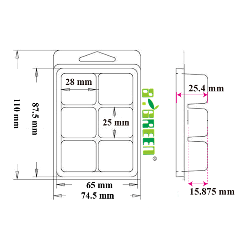 siquadraHersteller kundenspezifischer transparenter Verpackungen Manufacturer 6 square wax melt clamshell size